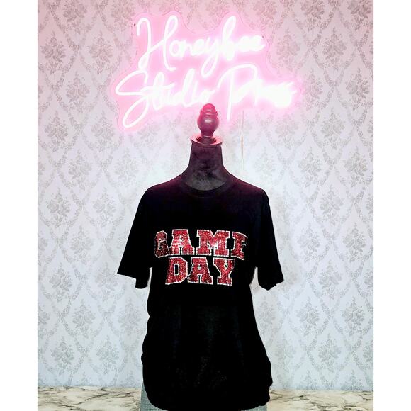 Red and Black Game Day Holographic Spangle T-Shirt on Bella+Canvas T’s! - Picture 1 of 2